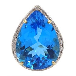  9ct gold pear shaped Swiss blue topaz, with diamond surround ring, hallmarked  