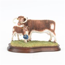 Border Fine Arts Longhorn Cow and Calf, model B0993, on wooden base with certificate