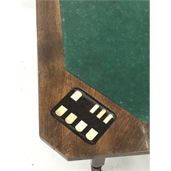  Edwardian oak card table, lockable swivel foldover top with baize lining and inset bezique markers to opposing corners, drawer to end, turned and carved supports joined by H stretchers, 77cm x 45cm, H75cm (closed)  