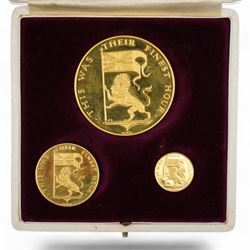 Sir Winston Churchill 'This Was Their Finest Hour' set of three eighteen carat gold medallions, total weight approximately 71 grams, housed in a fitted case