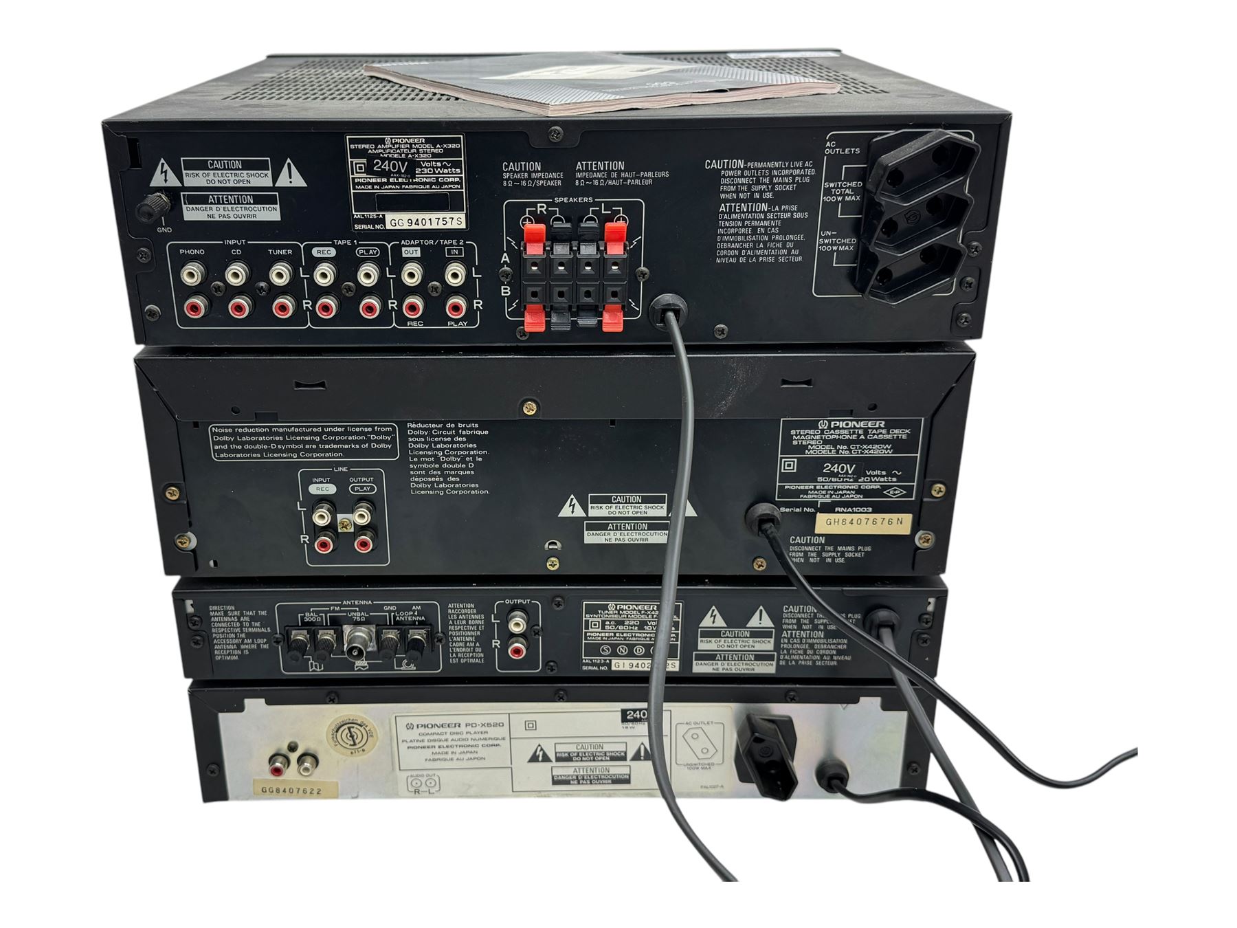 PIONEER HI-FI - Stereo Amplifier A-X320; Stereo Double Cassette Tape Deck CT-X420W; FM/AS Digital Synthesizer Tuner F-X420L; Compact Disc Player PD-X520 (4) with EU plugs