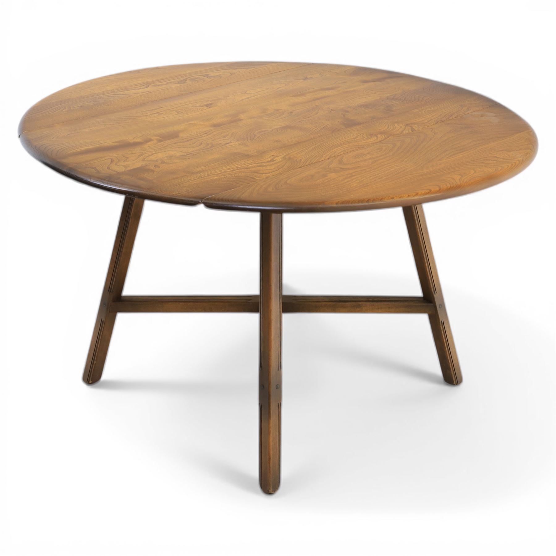 Ercol - elm oval drop leaf table, the oval moulded top with twin hinged leaves, supported on tapering legs with double stretchers (Extends to 124cm)