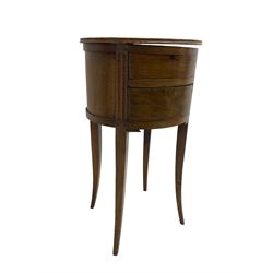 19th century mahogany circular work table, hinged lid concealing top compartment and button to release secret drawer, fluted uprights, raised on tapered sabre supports