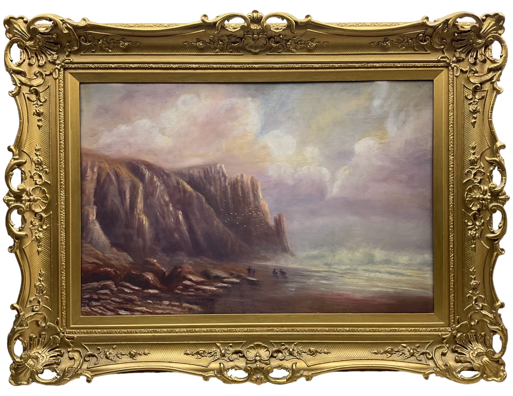 English School (Late 19th century): Cornish Cliffs, oil on panel signed with monogram JH in impressive swept gilt frame with moulded decoration 60cm x 91cm