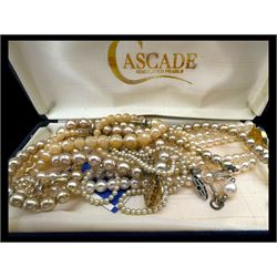 Four pairs of 9ct gold stud earrings, silver stone set stud earrings and a collection of costume jewellery brooches and bead necklaces