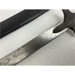 20th century Indian Tulwar sword with 71cm plain curving steel blade and iron hilt with extended langets, knopped grip and spiked pommel; in canvas covered wooden scabbard L87.5cm overall; together with five fencing swords comprising four foils and one epee, three marked Leon Paul, one in carrying case (6)