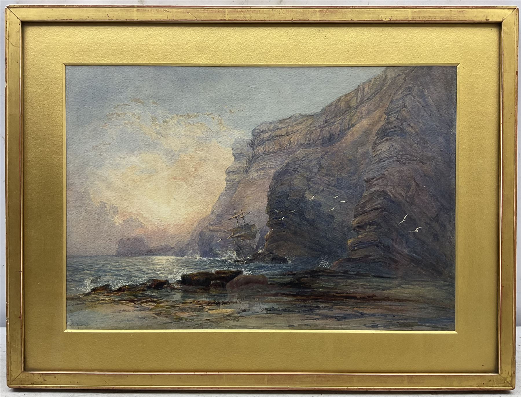 Mary Weatherill (British 1834-1913): Sailing Vessel Run Aground near Saltwick Nab Whitby, watercolour signed 24cm x 35cm 
Provenance: private collection, gifted to the vendor's mother c.1945