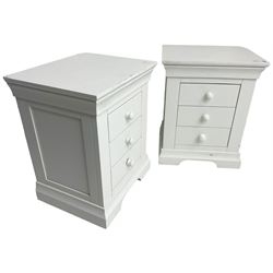 Pair of contemporary white painted pedestal bedside chests, fitted with three drawers