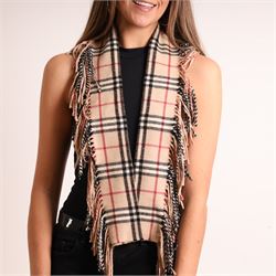 Burberry - classic check cashmere scarf, in beige, black and red colourway, with fringed ends