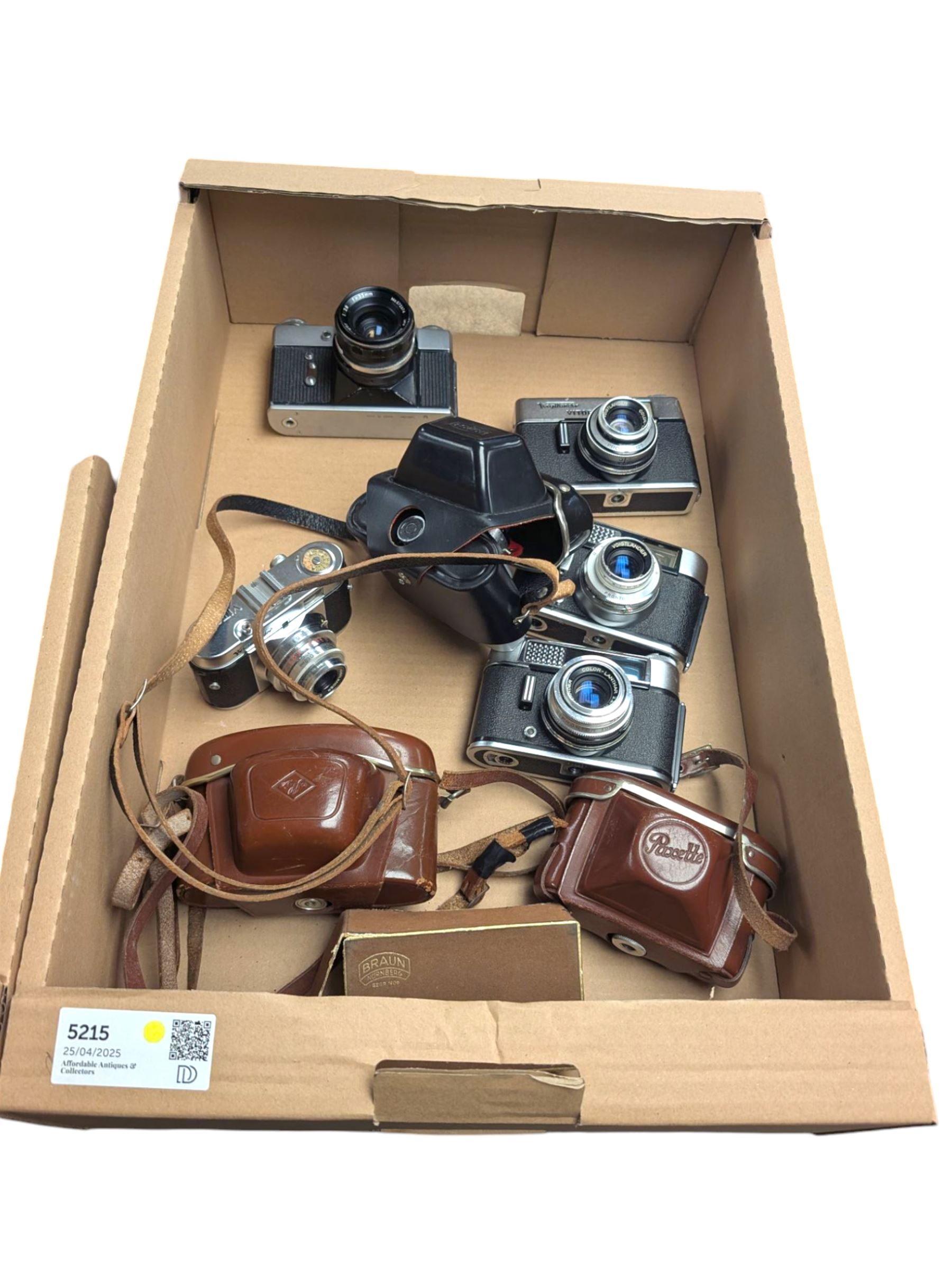 Eight film cameras, including Voigtlander Vito B, Vitoret DR, Voigtlander Vito CD, Beirette, Paxette and Agfa examples