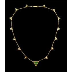  18ct gold three stone emerald and diamond necklace, each triangular link set with a diamond, the central link set with three emeralds, hallmarked  