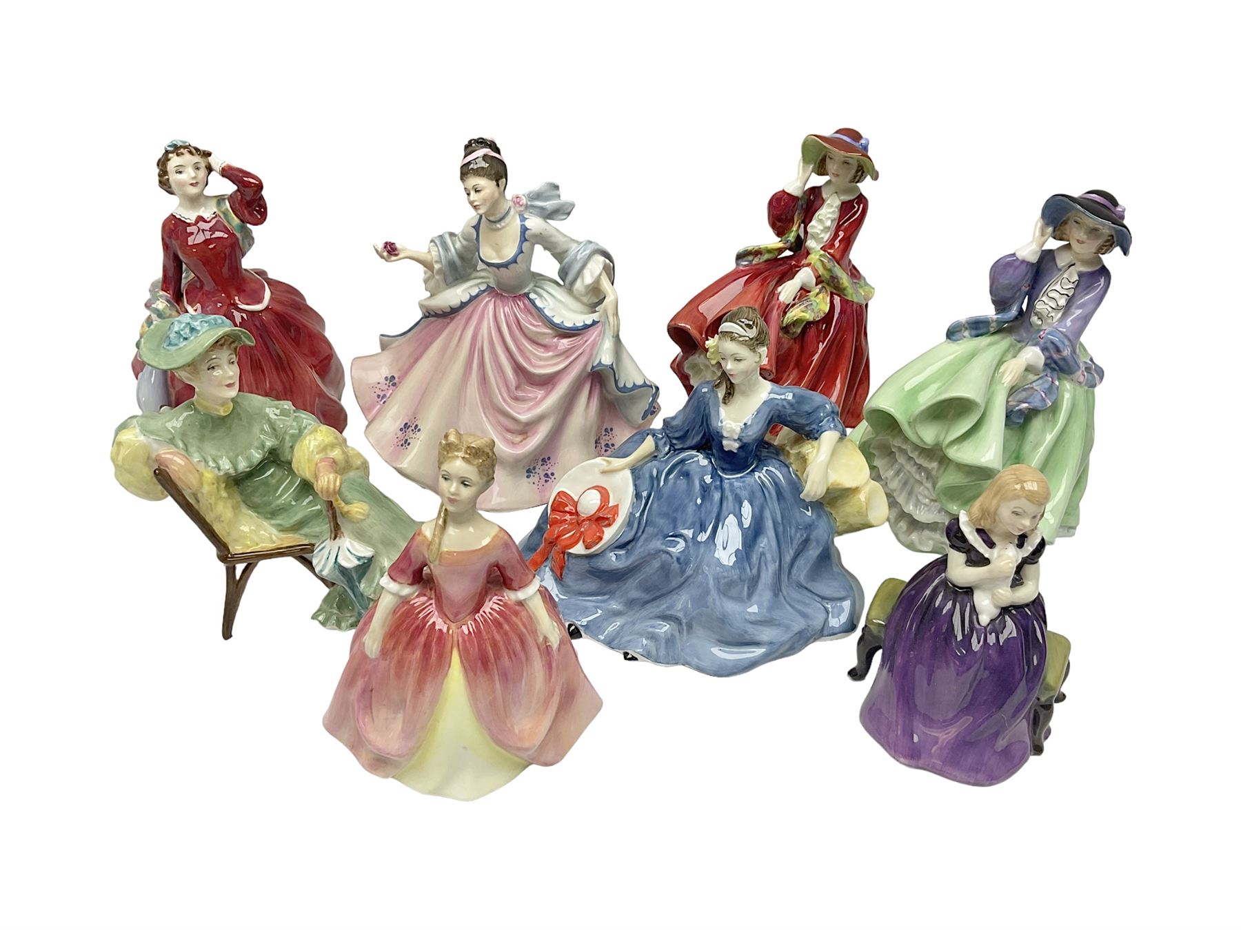 Eight Royal Doulton figures, including Ascot HN2356, Rebecca HN2805, Top o the Hill HN1833 etc