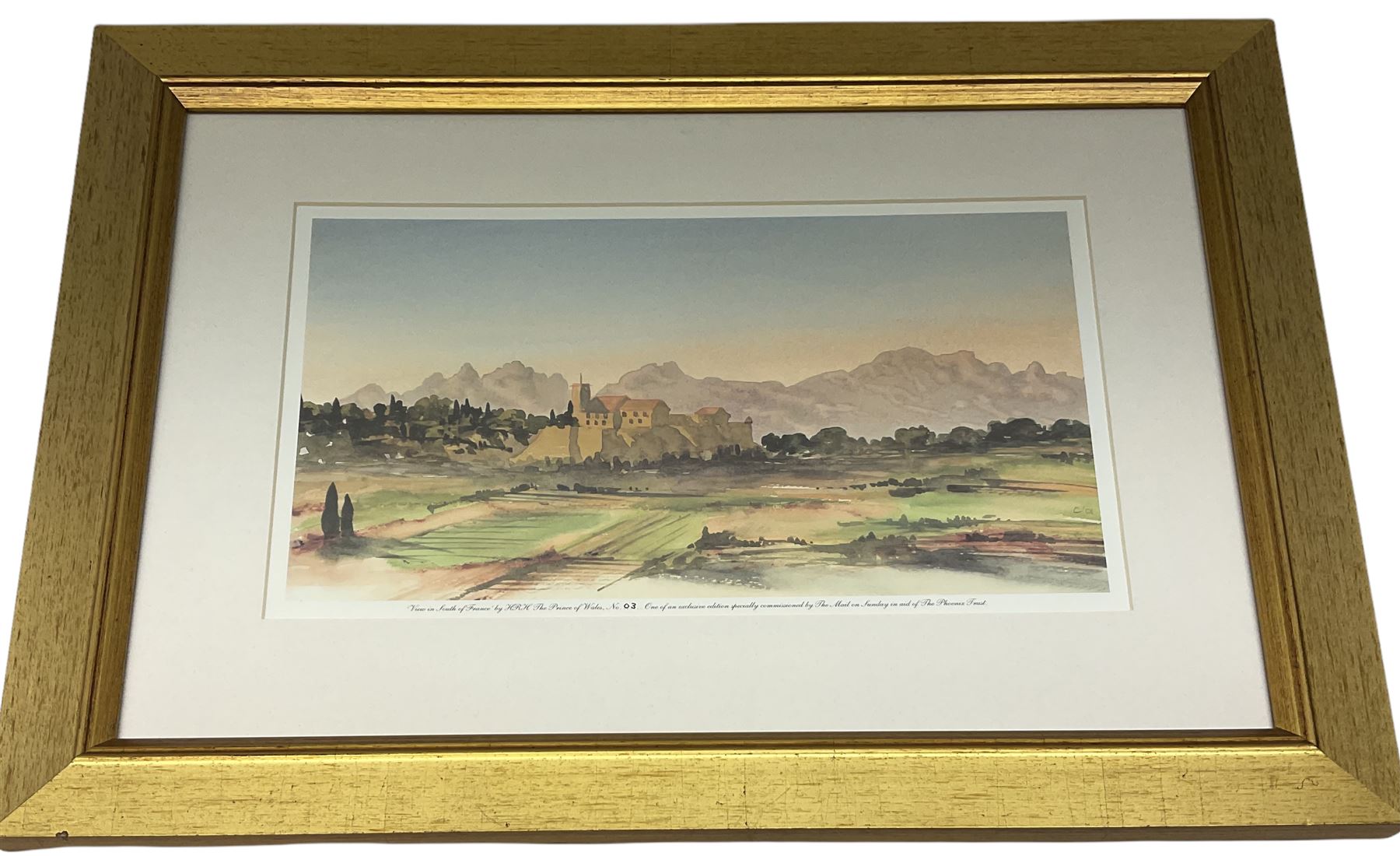 After HRH Charles Prince of Wales (British 1948-):  View in the South of France, limited edition colour print No. 3 pub.2002, certificate verso 23cm x 38cm 