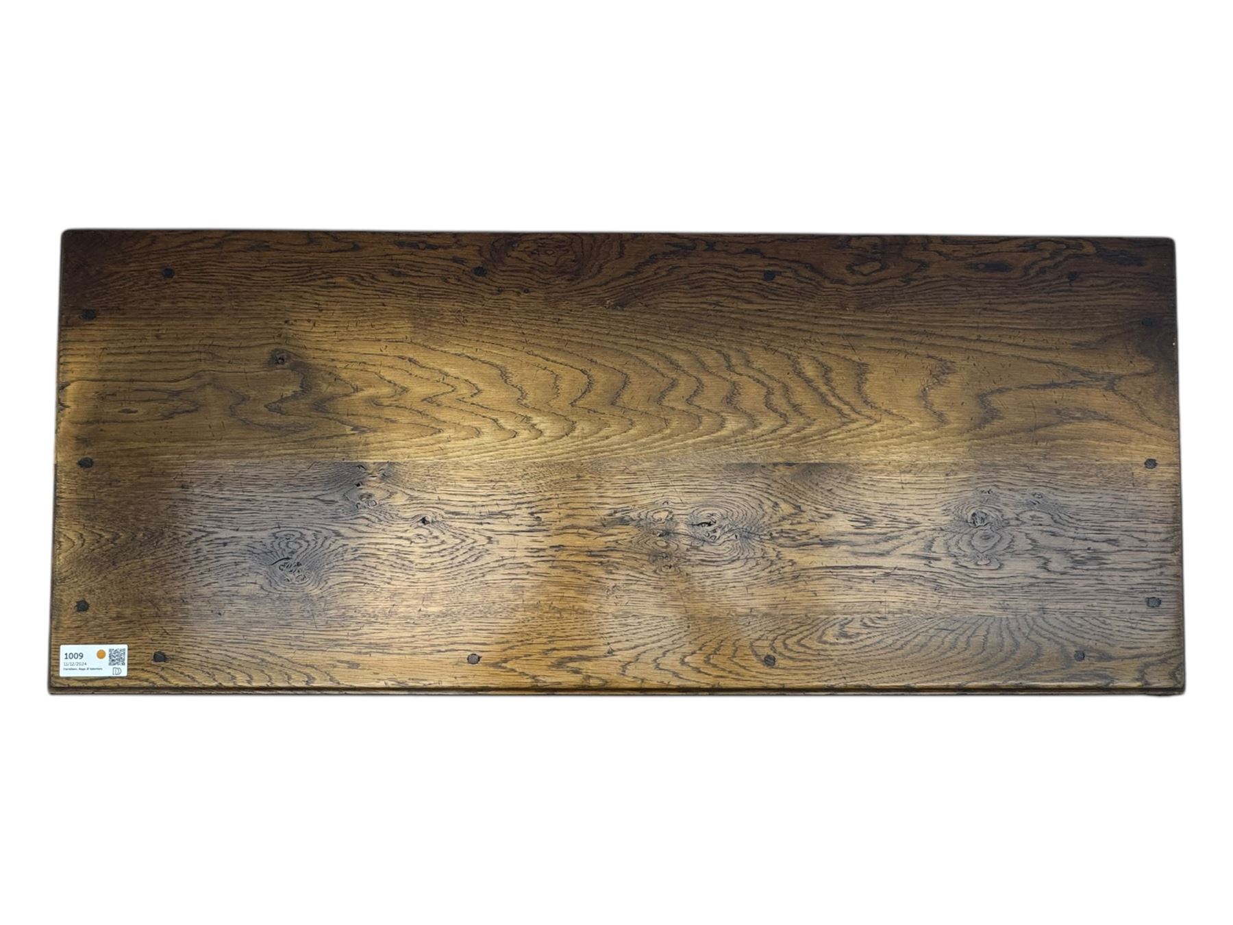 Early 20th century Jacobean design oak dresser sideboard, rectangular top with moulded edge over two baize-lined drawers with pierced handles, above two fielded panel cupboard doors, on stile supports