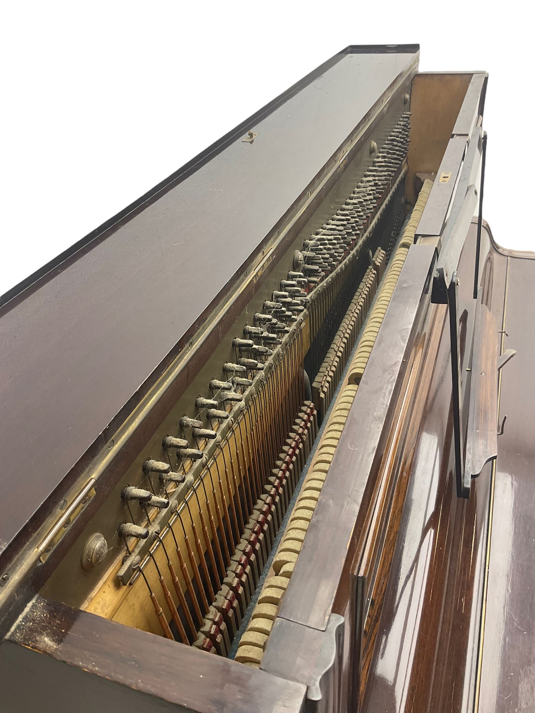 Knauss Coblenz - early 20th century rosewood cased upright piano, straight strung iron movement, simulated ivory keys
