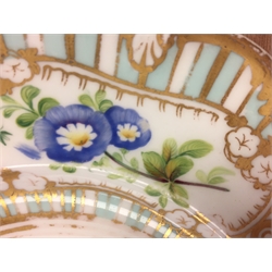  Early to mid 19th century porcelain dessert service comprising shaped serving dish, two comports and five plates, each having central floral gilded motif, within panels of hand painted flowers and radiating border on pale blue ground, in the manner of Ridgway, pattern no. 207 (8)  