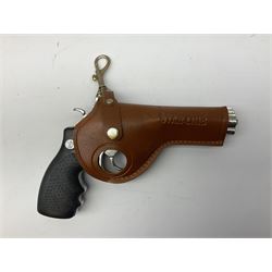 Early 20th century Flobert 5mm blank firing revolver with six-shot chamber, top venting, nickel plated with folding trigger No.118 L12.5cm overall; replica non-firing 'British Bulldog' revolver; and Windproof gas lighter inscribed 'Revolver-99 Spring and Autumn' in holster marked 'Star-Line'