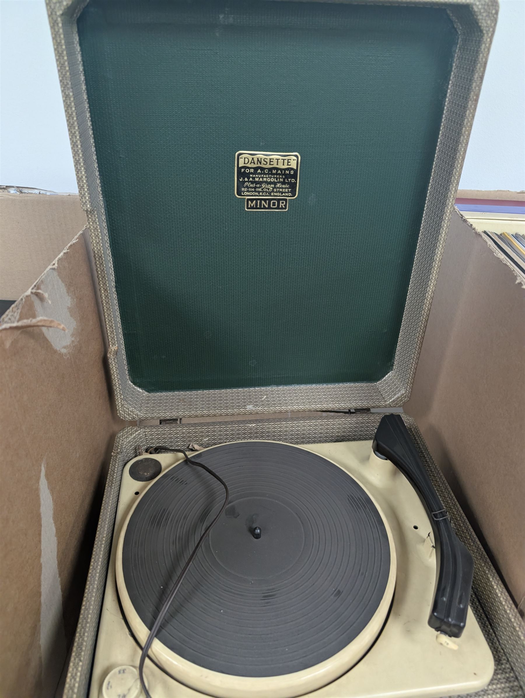 Large collection of vinyl LPs, together with a small collection of 7 inch vinyl records and CDs, with a Dansette record player and a small Hi-Fi cabinet