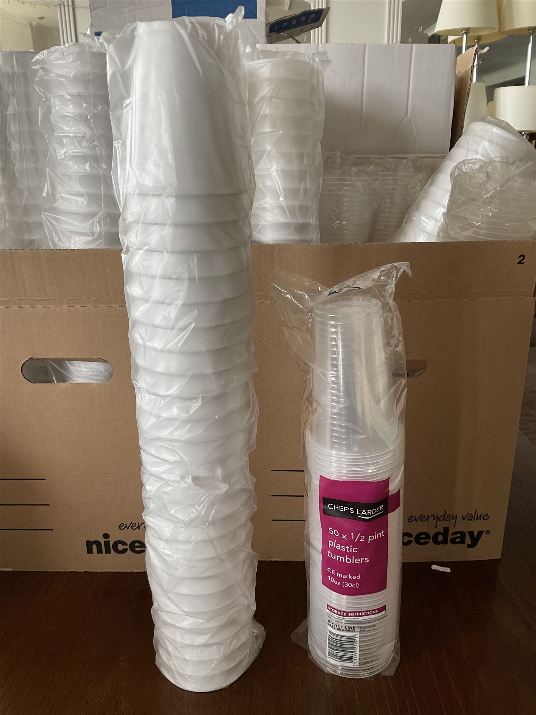 Large quantity of white plastic and polystyrene cups, hot and cold,  with paper cup holders- LOT SUBJECT TO VAT ON THE HAMMER PRICE - To be collected by appointment from The Ambassador Hotel, 36-38 Esplanade, Scarborough YO11 2AY. ALL GOODS MUST BE REMOVED BY WEDNESDAY 15TH JUNE.