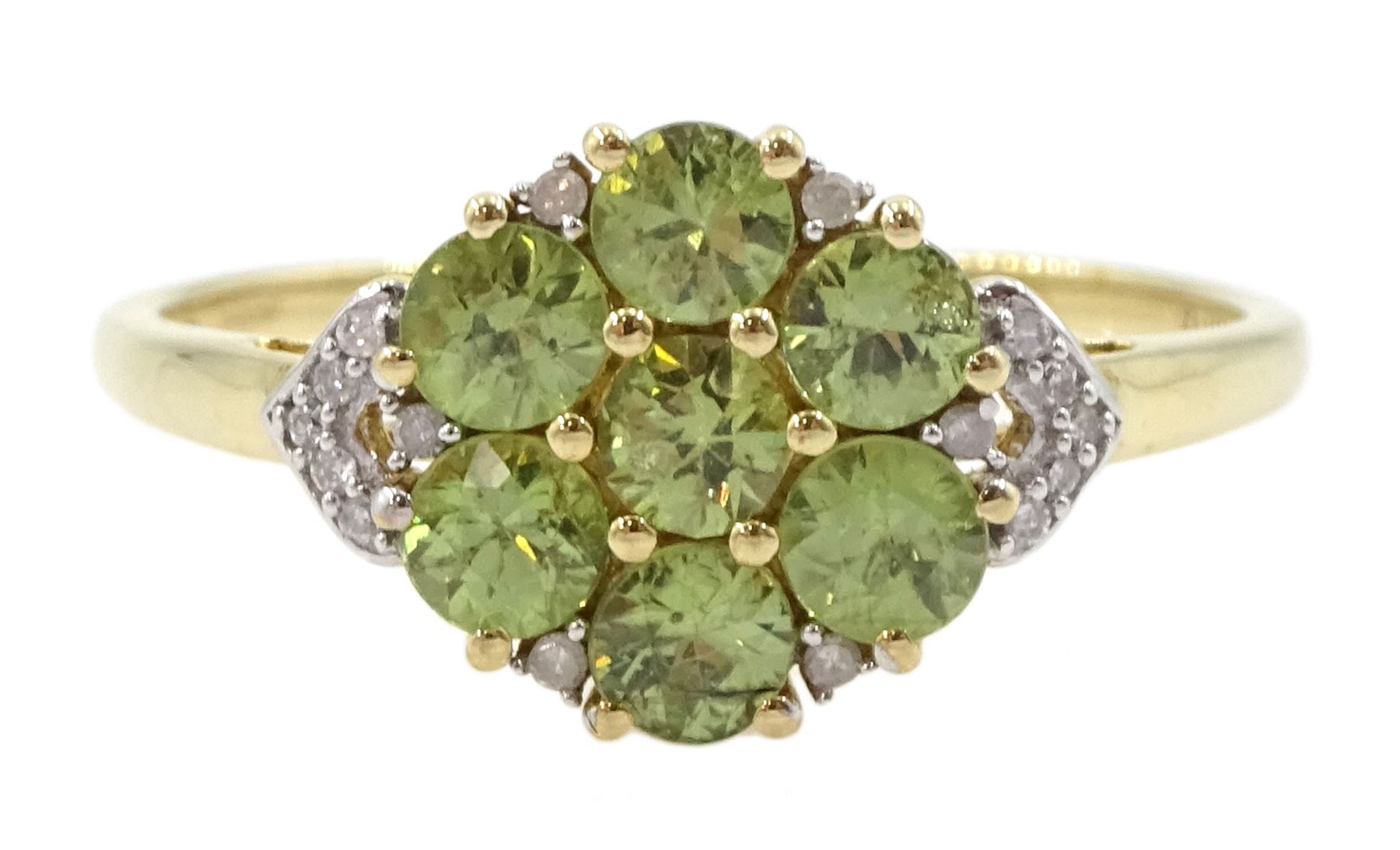 9ct gold demantoid garnet and round brilliant cut diamond cluster ring, hallmarked