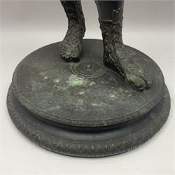 Bronzed classical nude male figure, upon a stepped circular base, H61cm 