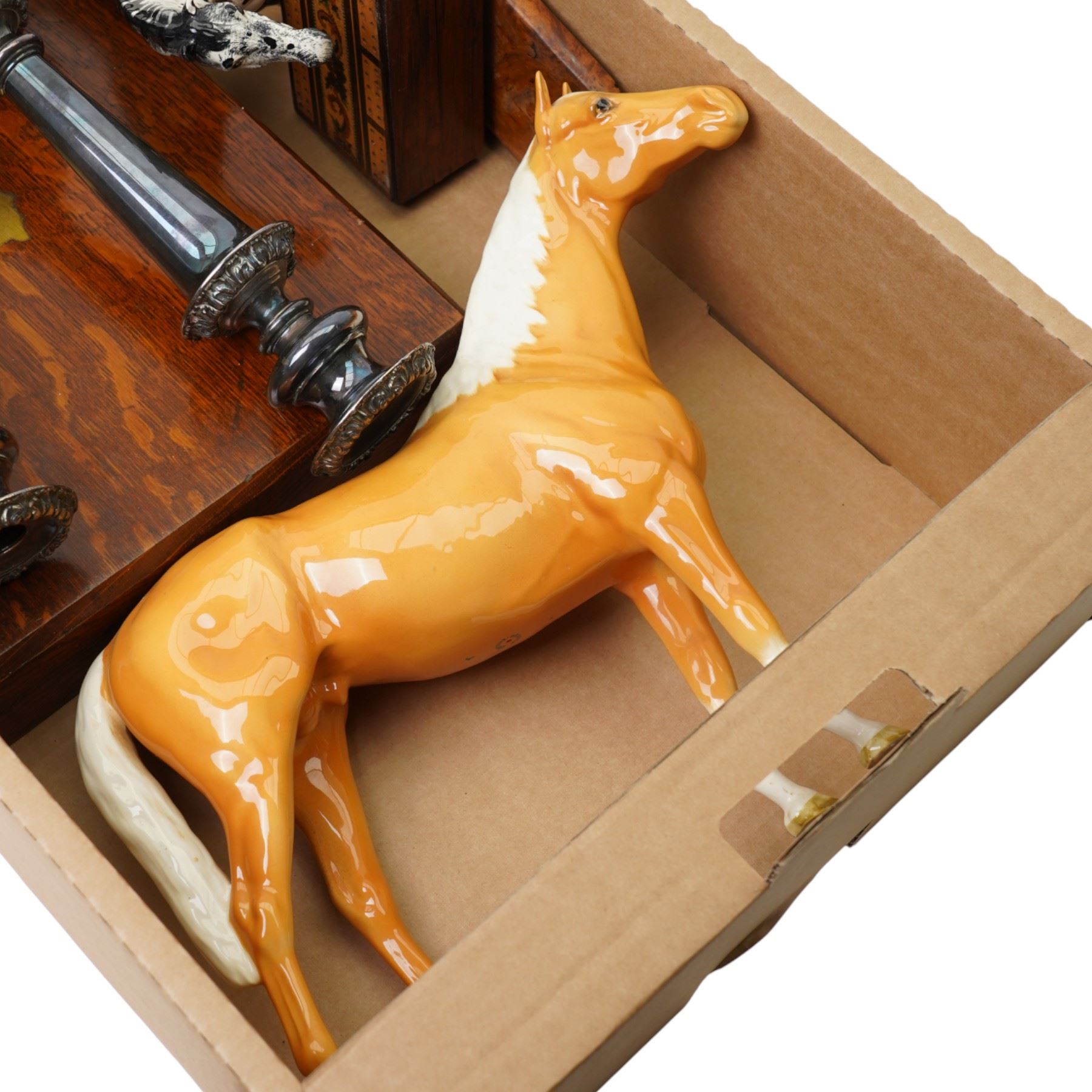 Beswick horses, Appaloosa and Palomino racehorse together with plated candlesticks, cased fish cutlery and wooden boxes 