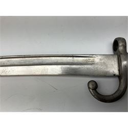 Turkish Model 1874 sword bayonet with 57.5cm curving steel fullered blade and chequered black grip, in steel mounted leather scabbard L75.5cm overall