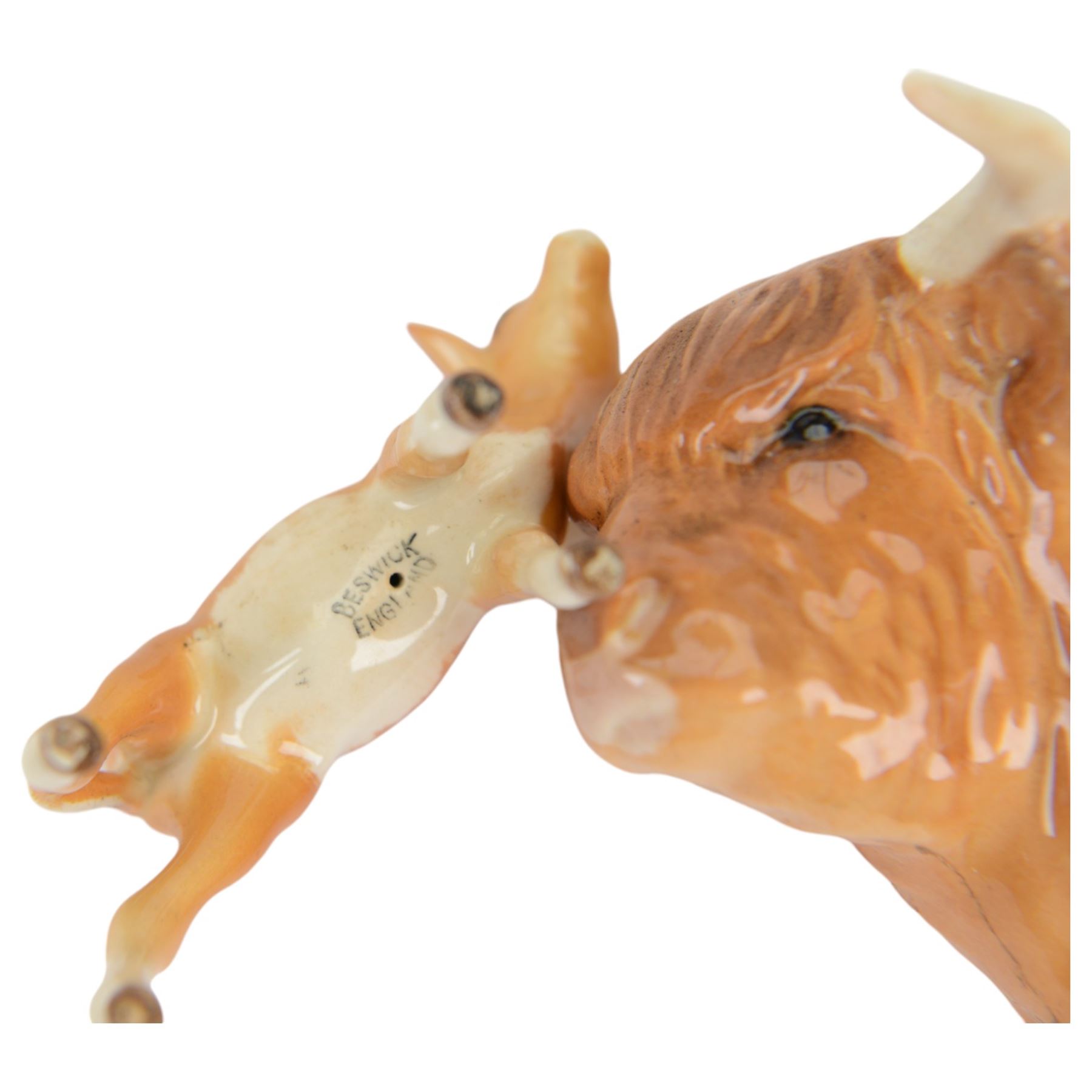 Six Beswick cattle figures, comprising Highland family group; Bull, model 2008, Cow, model 1740 and Calf, model 1827D, Guernsey family group, Bull Champion Sabrina's Sir Richmond 14th, model 1451, Cow, model 1248 and calf model 1249