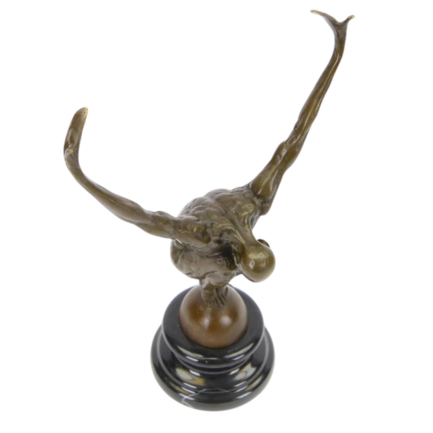 Bronze figure, modelled as a diver with hands raised upon a stepped circular base, H28cm