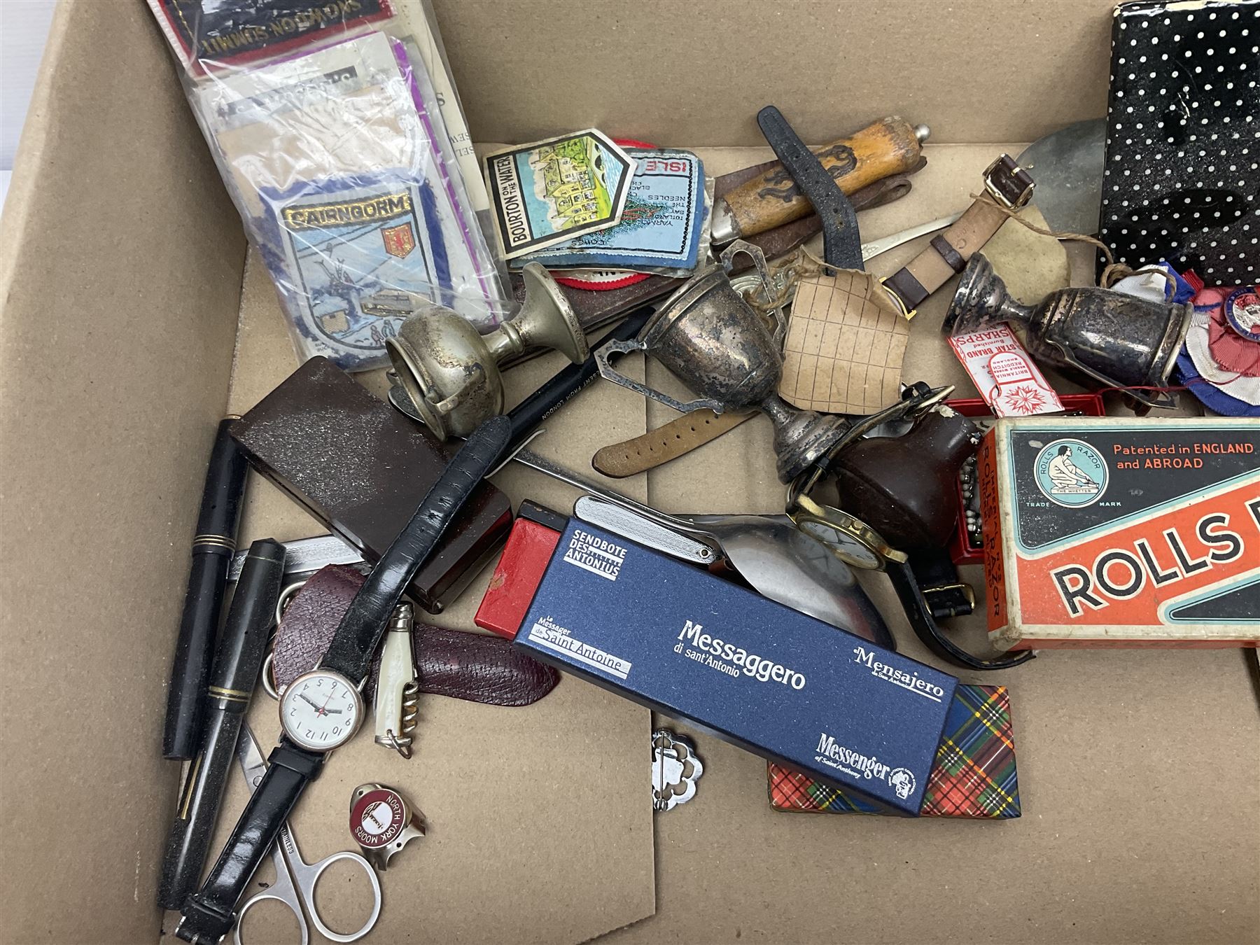 Silver Whitby jet bracelet, Parker Duofold fountain pen with 14ct gold nib, pair of chrome Art deco style candlesticks, wristwatches, costume jewellery and other collectables