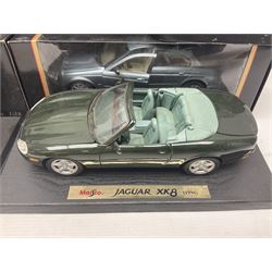 Three Maisto Special Edition 1:18 scale die-cast models - Porsche 550A Spyder, Jaguar 'S' Type and Ferrari 550 Maranello; all boxed; five other unboxed Maisto/Bburago 1:18 scale models; and two Classic Collection lead crystal models of Classic Cars (10)