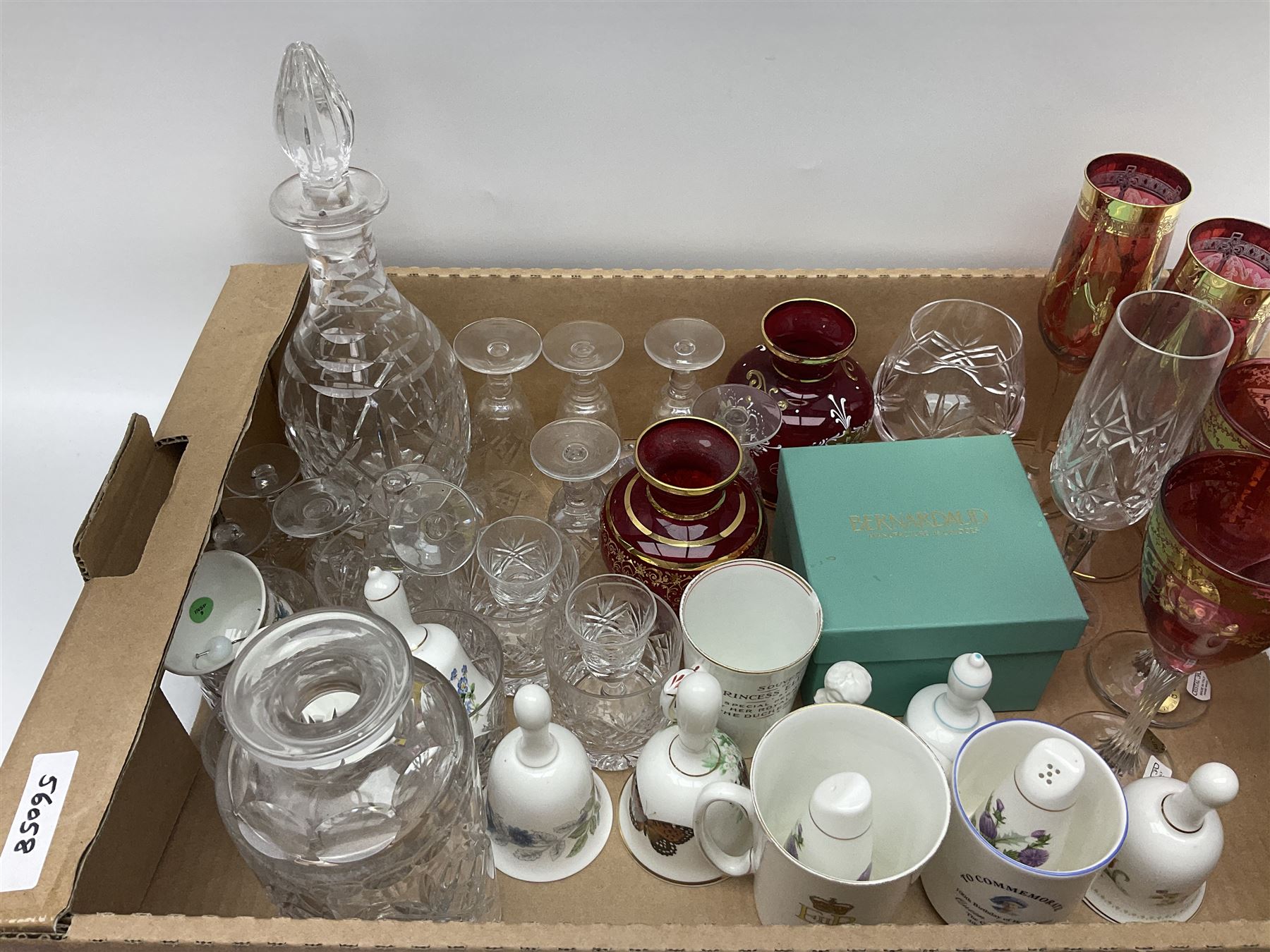 Murano glassware; Coalport and other figures; cut glassware including two decanter sets; drinking glasses; small collection of table bells; royalty commemorativeware etc