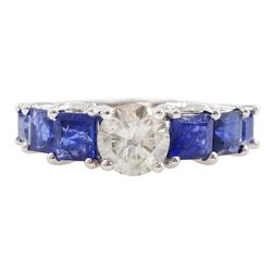 Platinum seven stone diamond and sapphire ring, the principal round brilliant cut diamond ...