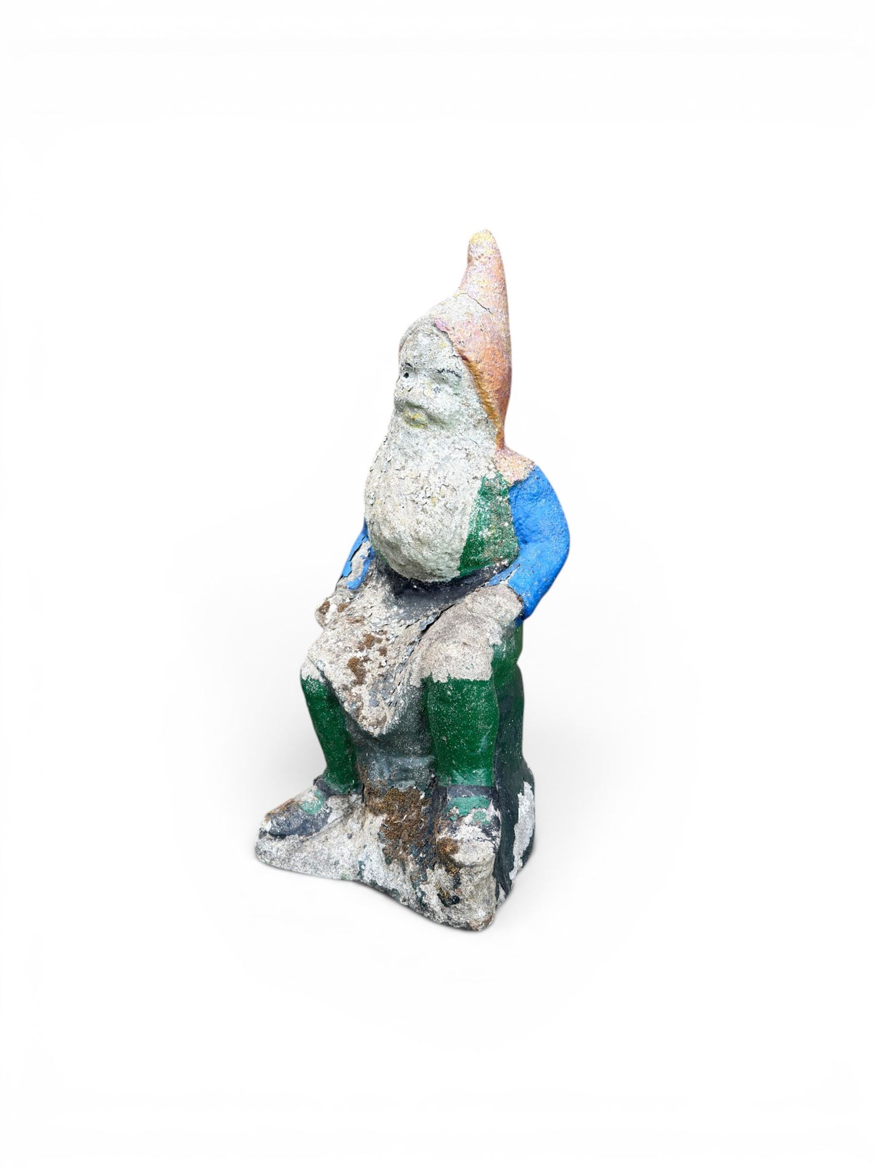 Early large scale composite stone garden gnome, original distressed paint