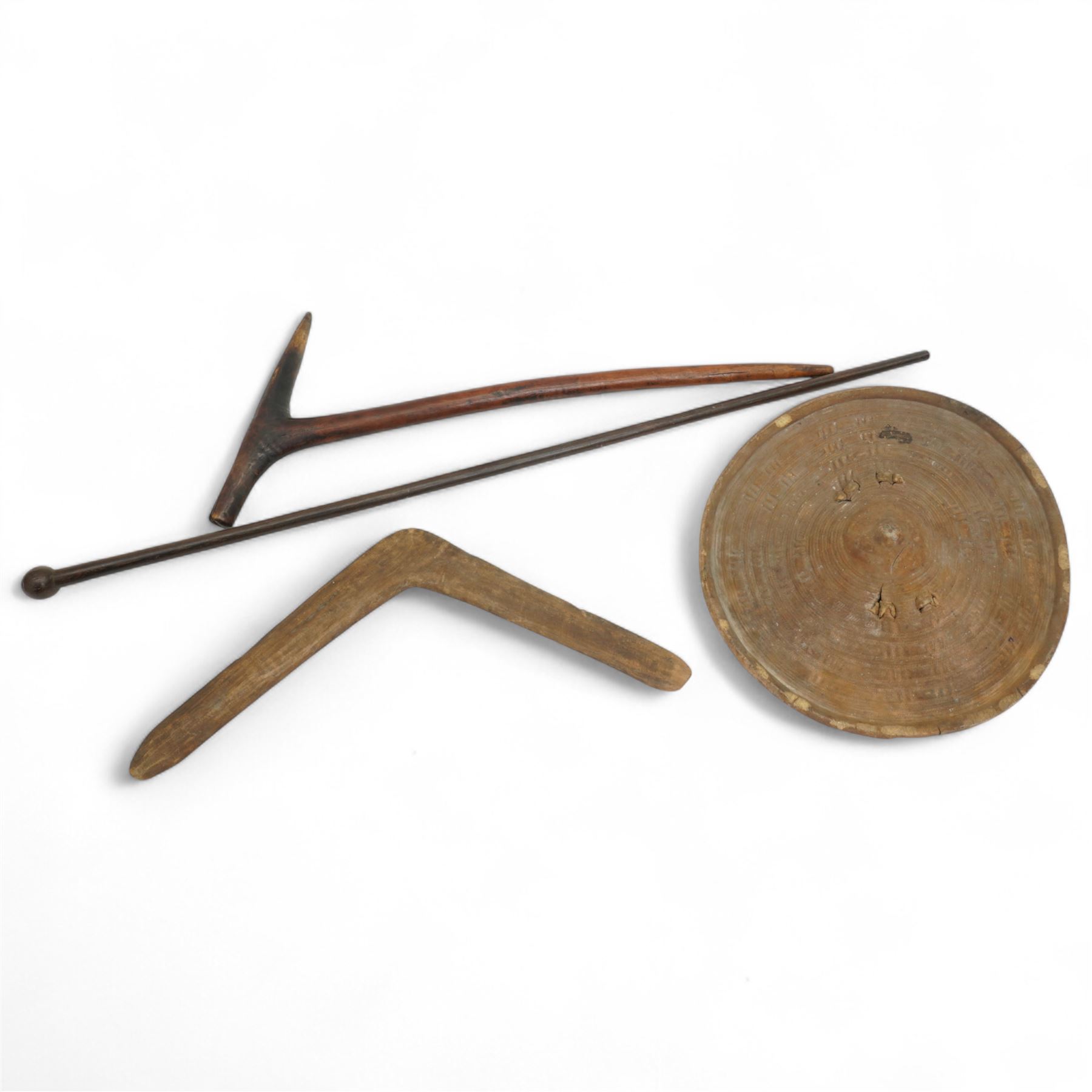 Somali hide shield D33cm, knobkerrie L90cm, New Guinea adze and an Aboriginal boomerang (4)