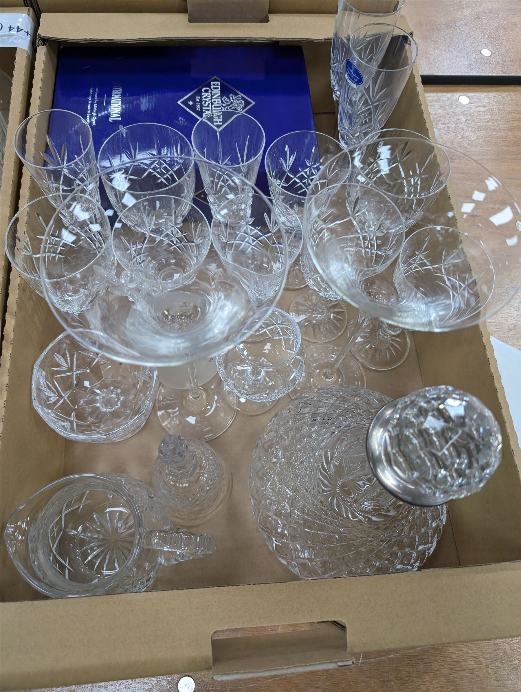 Large collection of glassware, including two ship decanters, Edinburgh crystal, Royal Doulton, red glass, etc in six boxes 