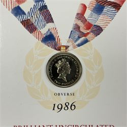 Nineteen The Royal Mint United Kingdom uncirculated commemorative coins or sets, including Queen Elizabeth II 1989 '1689 1989' two pounds, 2001 'Victorian Anniversary' crown, 2003 'Coronation Jubilee' five pounds, 2004 'Britain's new coinage' three coin set, 2005 'The End of WWII' two pound, 2006 'Her Majesty Queen Elizabeth II Eightieth Birthday', 2015 'The Royal Navy' two pounds, 2016 'The Last Round Pound', 2022 '1926-2022' five pounds, King Charles III 2023 'The Coronation' five pounds etc