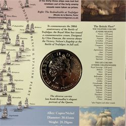 Nineteen The Royal Mint United Kingdom uncirculated commemorative coins or sets, including Queen Elizabeth II 1989 '1689 1989' two pounds, 2001 'Victorian Anniversary' crown, 2003 'Coronation Jubilee' five pounds, 2004 'Britain's new coinage' three coin set, 2005 'The End of WWII' two pound, 2006 'Her Majesty Queen Elizabeth II Eightieth Birthday', 2015 'The Royal Navy' two pounds, 2016 'The Last Round Pound', 2022 '1926-2022' five pounds, King Charles III 2023 'The Coronation' five pounds etc