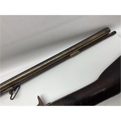 19th century Indian .577 Enfield muzzle loading rifle, proofed for 26-bore, the 98.5cm barrel with three barrel bands and later ram rod L140cm overall; 19th century Belgian side-by-side double barrel percussion shotgun, approximately 20-bore, with 74cm barrels and studded walnut stock, lock plate marked 'Liege 1868' and 'V. Gulikers-Maquinay' L117cm overall; and another side-by-side double barrel shotgun by Smythe with underlever opening (3)
