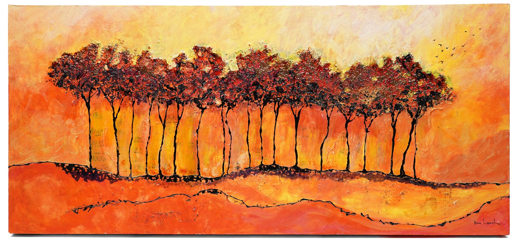 Ann Lamb (British 1955-): Tree Line, mixed media signed 37.5cm x 81.5cm (unframed)