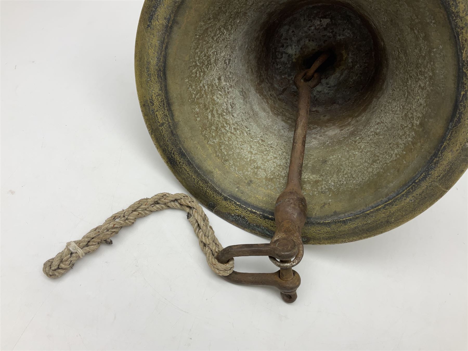 Ship's bell inscribed 'SS Stock Force', the Stock Force later became one of the WW1 'Q' ships and the engines were supplied by Earles Shipbuilders of Hull, H35cm, Notes: The SS Stock Force was built as a small coastal steamship and became HMS Stock FOrce when it was hired by the Royal Navy as a decoy ship (Special Service, Q-ship) in January 1918. She was used in the operation to attack the German submarine UB-80. The Stock Force Captain Commander Harold Auten VC, DSC, RD (22 August 1891 – 3 October 1964) was awarded the Victoria Cross in 1918 following his actions as captain of HMS Stock Force