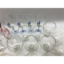 Quantity of glassware to include Mats Jonasson colour wolf paperweight, Murano dolphin and flamingo figures, Caithness Dignity and Tango paperweights, set of six Edinburgh Crystal glass tumblers, art glass dish etc