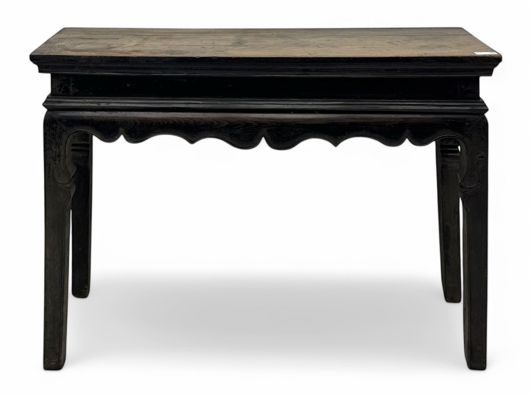 19th century Chinese black lacquer console table, rectangular moulded top over full-width drawer and scalloped apron with carved corner details, raised on square-section legs