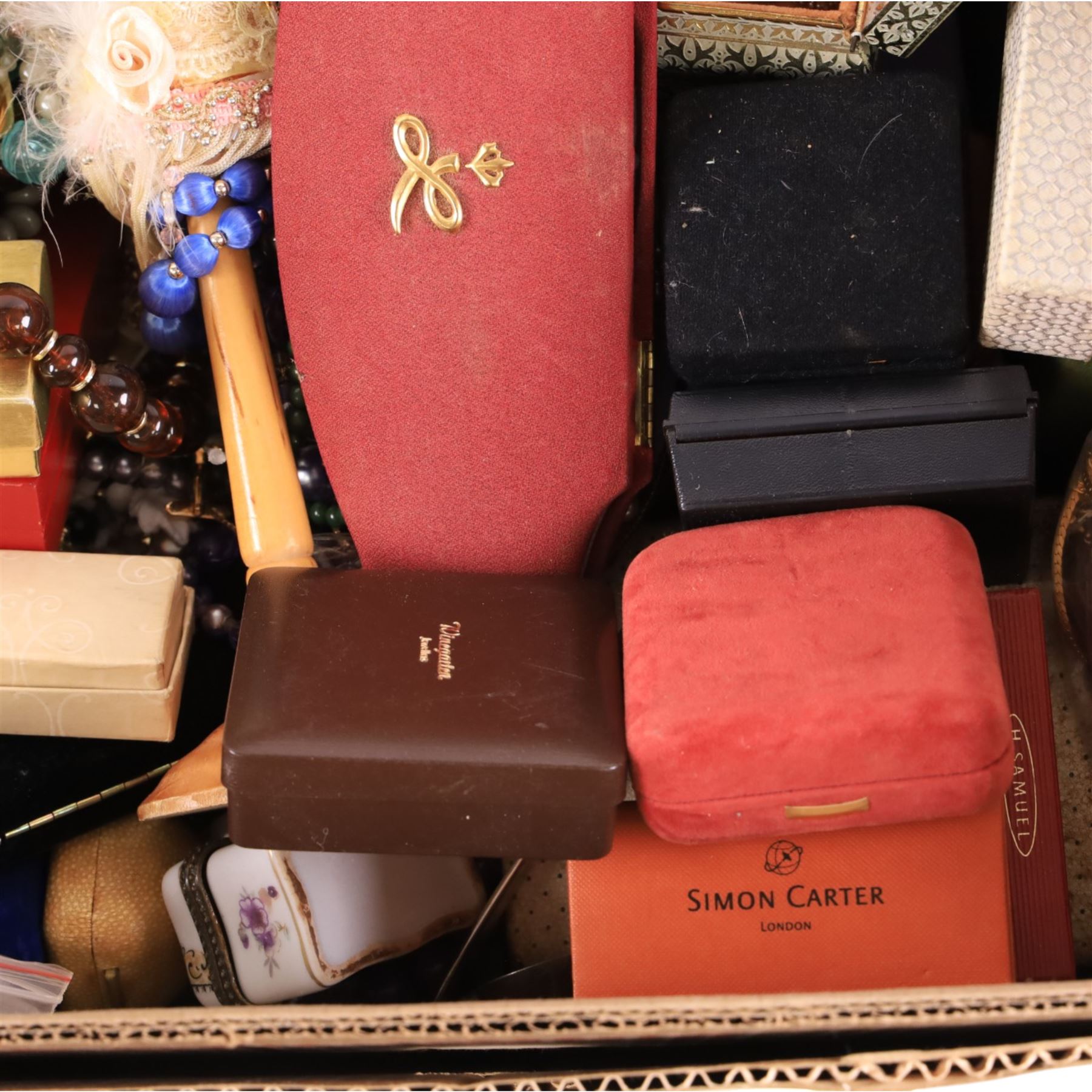 Large collection of costume jewellery, including beaded necklaces, brooches, rings, necklaces etc and compact mirrors