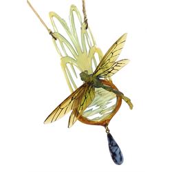 Elizabeth Bonté early 20th century carved horn dragonfly necklace, suspending a glass bead, on silk chord with glass and  resin bead spacers