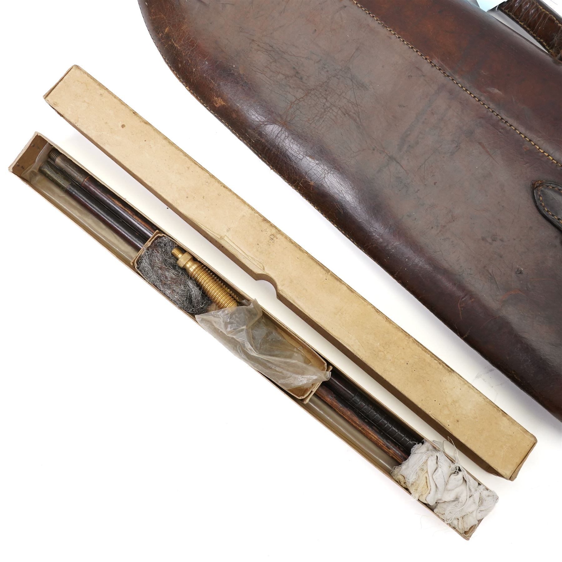 Leg of mutton leather shotgun case L78cm and a North African brass and horn powder horn