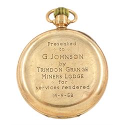 Early 20th century 9ct gold open face, keyless lever presentation pocket watch by Globe Watch Company, white enamel dial with Arabic numerals and subsidiary seconds dial, hallmarked