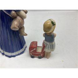 Four Royal Copenhagen figures, comprising Else with teddy no. 671, Snowman no. 158, Elsa no. 404, an mini collection girl with pram no.014, all with mark beneath  