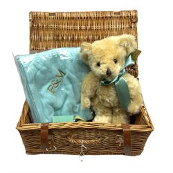 Merrythought for Fortnum & Mason teddy bear with blanket housed in wicker basket, bear H33cm