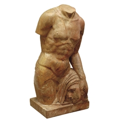  20th century Greek style varigated terracotta coloured marble study of a torso with head under arm, on square plinth, H83cm  